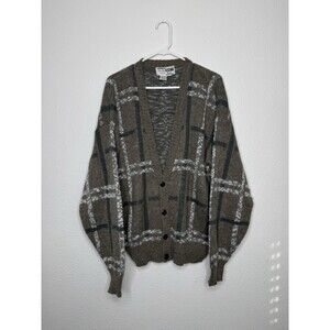 80s VTG Geometric Windowpane Long Sleeve Button Cardigan XL Grandpa Sweater Mens